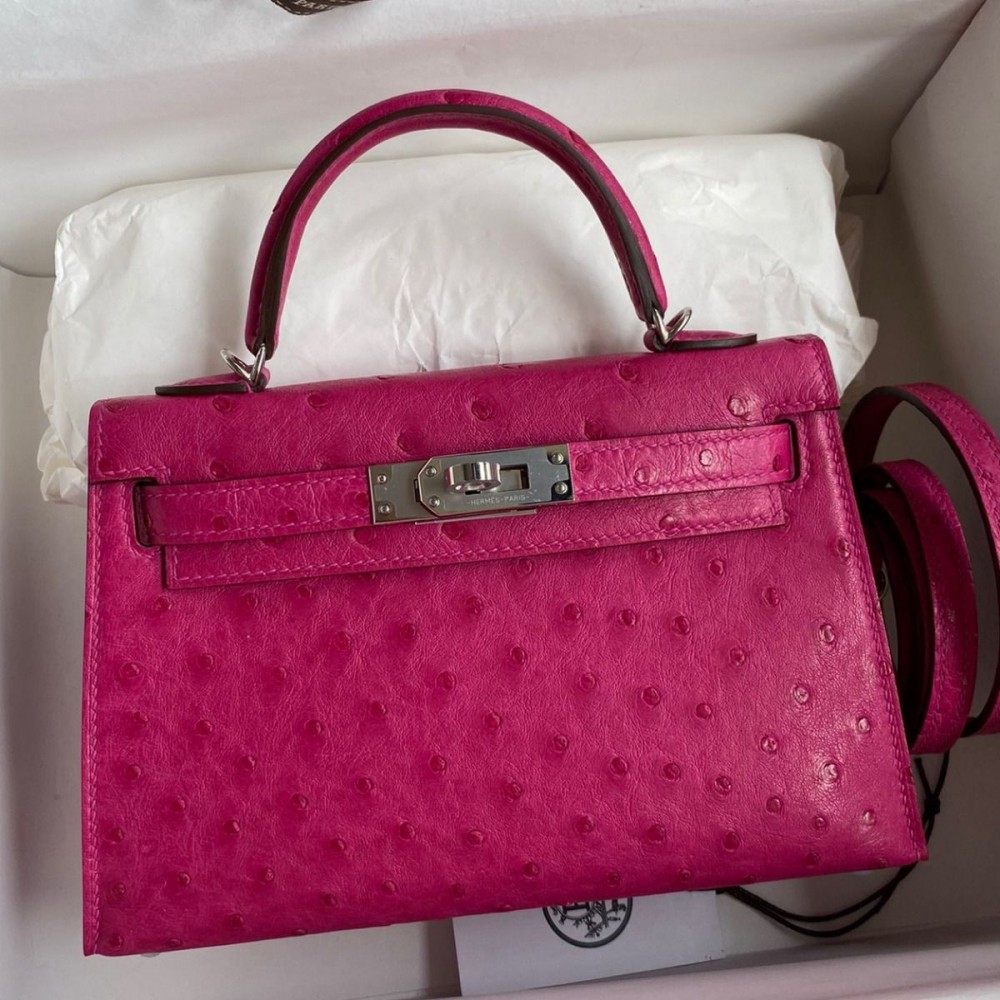 High Quality Replica Hermes Kelly Mini II Sellier Handmade Bag In Rose Red Ostrich Leather $ 1889 USD